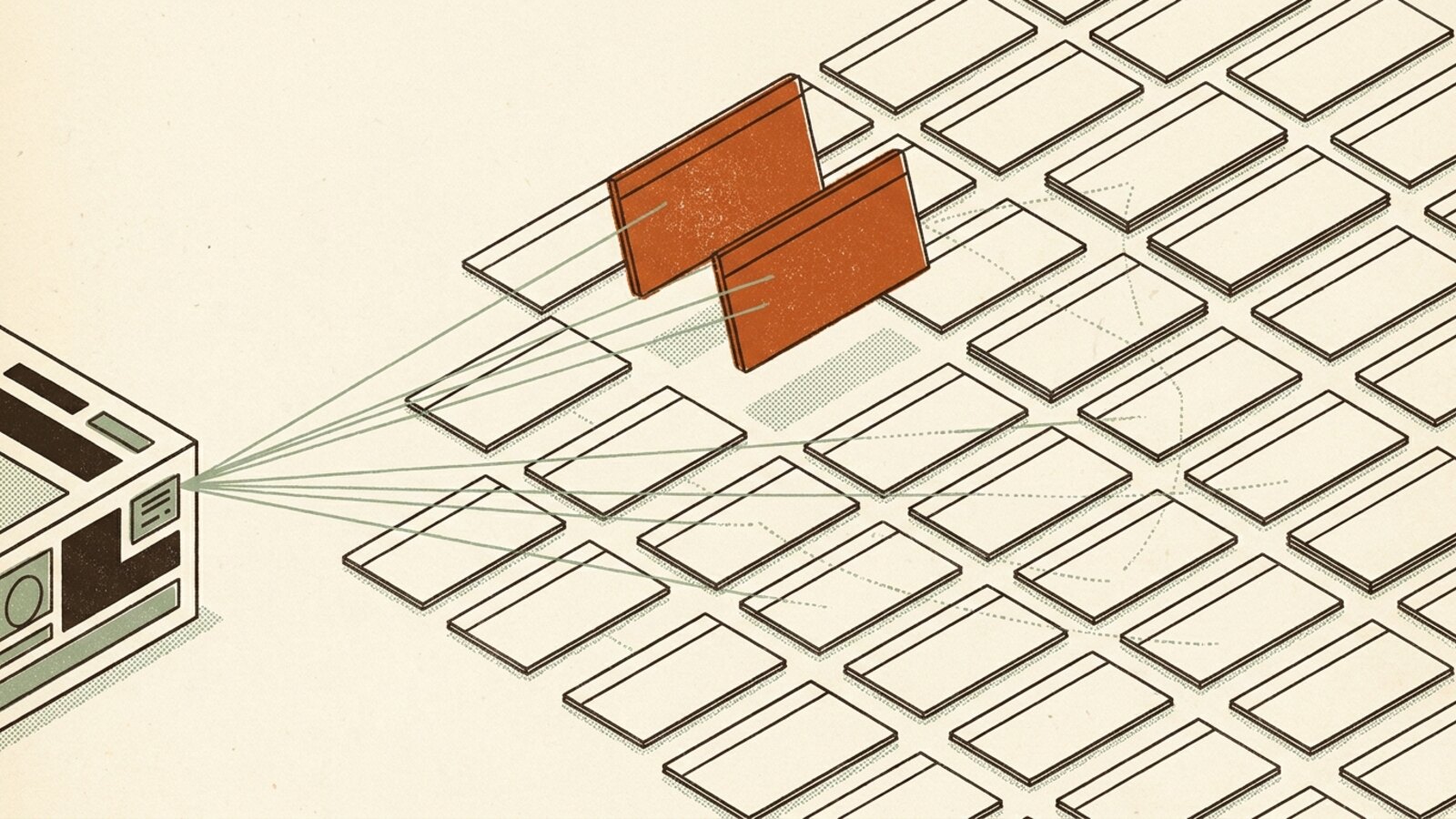 An index card catalog fanning selection lines out to a large field of blank cards, two of them lifted and highlighted.